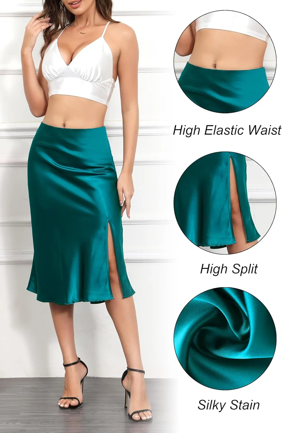 ALCEA ROSEA Womens Silky Satin Midi Skirt High Waist Elastic Waist A Line Skirt with Slit