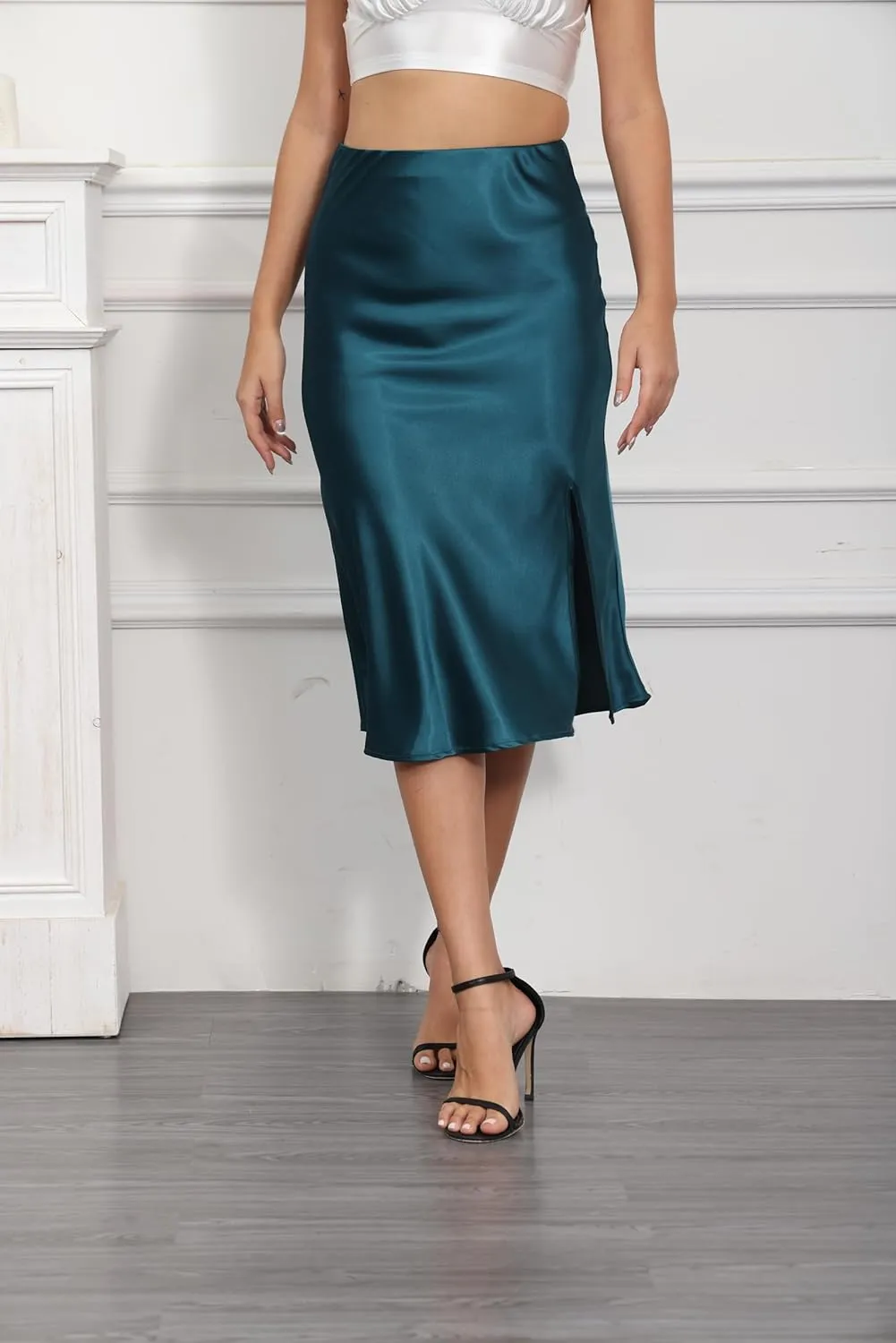 ALCEA ROSEA Womens Silky Satin Midi Skirt High Waist Elastic Waist A Line Skirt with Slit
