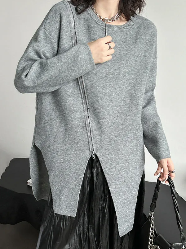 Asymmetric Solid Color Zipper High-low Long Sleeves Round-neck Sweater Tops Pullovers