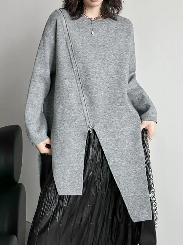 Asymmetric Solid Color Zipper High-low Long Sleeves Round-neck Sweater Tops Pullovers