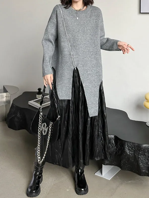 Asymmetric Solid Color Zipper High-low Long Sleeves Round-neck Sweater Tops Pullovers
