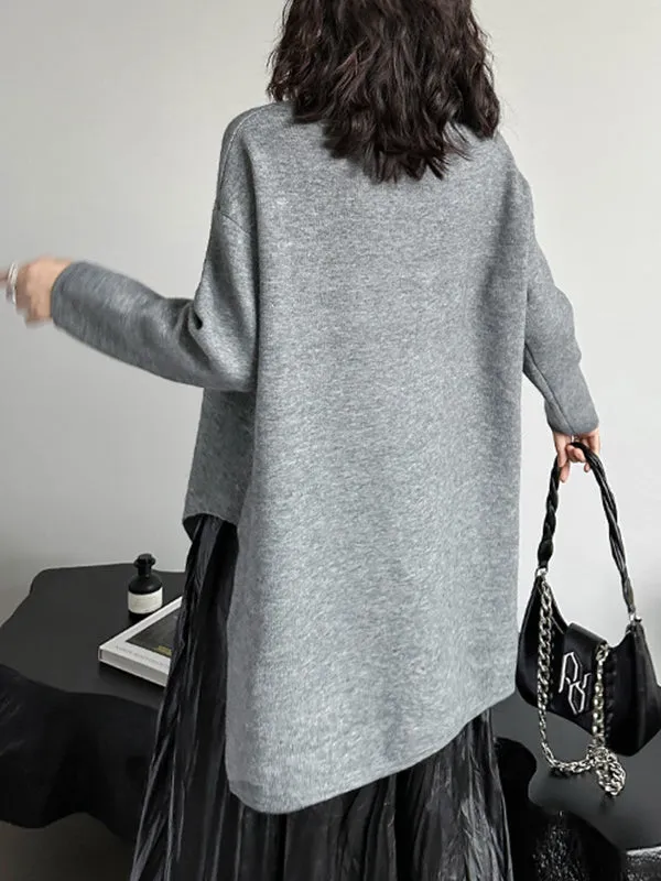 Asymmetric Solid Color Zipper High-low Long Sleeves Round-neck Sweater Tops Pullovers