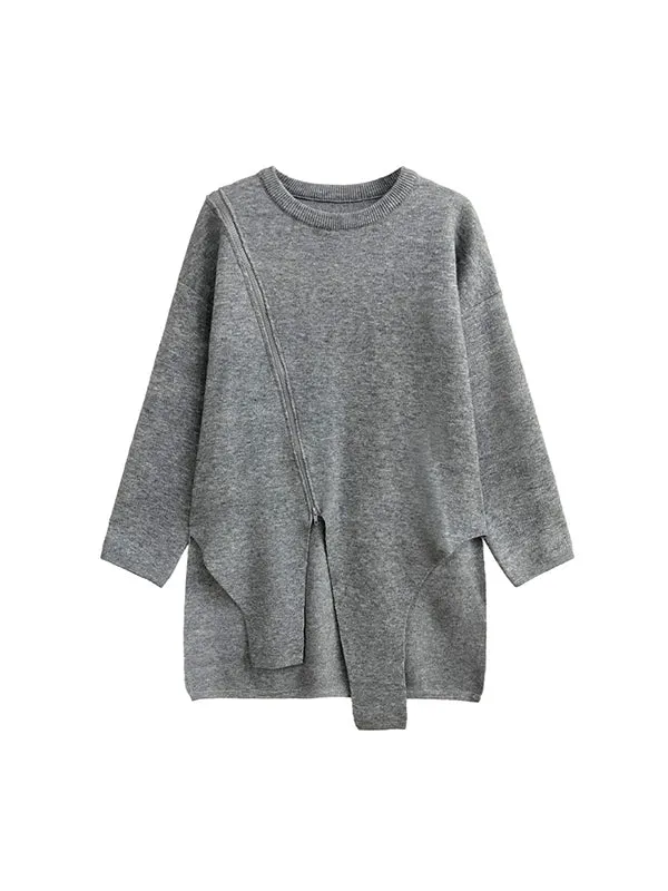 Asymmetric Solid Color Zipper High-low Long Sleeves Round-neck Sweater Tops Pullovers