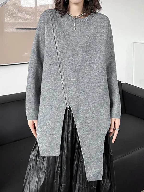 Asymmetric Solid Color Zipper High-low Long Sleeves Round-neck Sweater Tops Pullovers