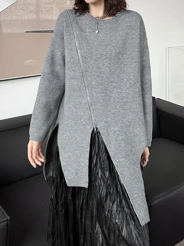 Asymmetric Solid Color Zipper High-low Long Sleeves Round-neck Sweater Tops Pullovers