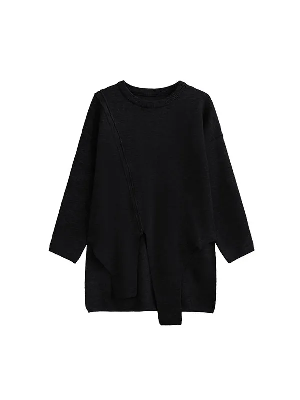 Asymmetric Solid Color Zipper High-low Long Sleeves Round-neck Sweater Tops Pullovers