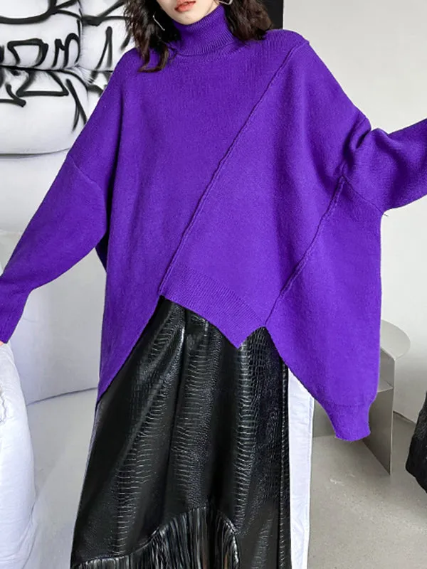 Batwing Sleeves Long Sleeves Asymmetric Solid Color High Neck Pullovers Sweater Tops