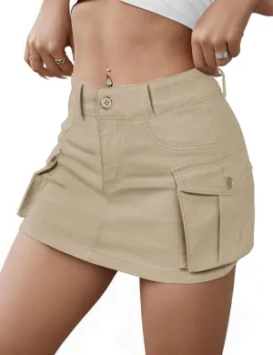 Buauty Women Denim Cargo Skirt Y2K, Mini Low Waist Jean Shirts Bodycon Flap Pockets 2024 Trendy Short