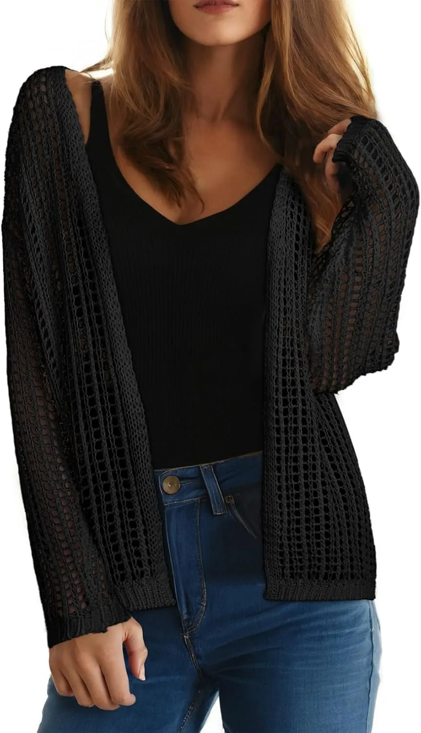 Dokotoo Womens Crochet Cardigan Sweater Boho Cover-ups Oversized Open Front Tunic Summer Outwear