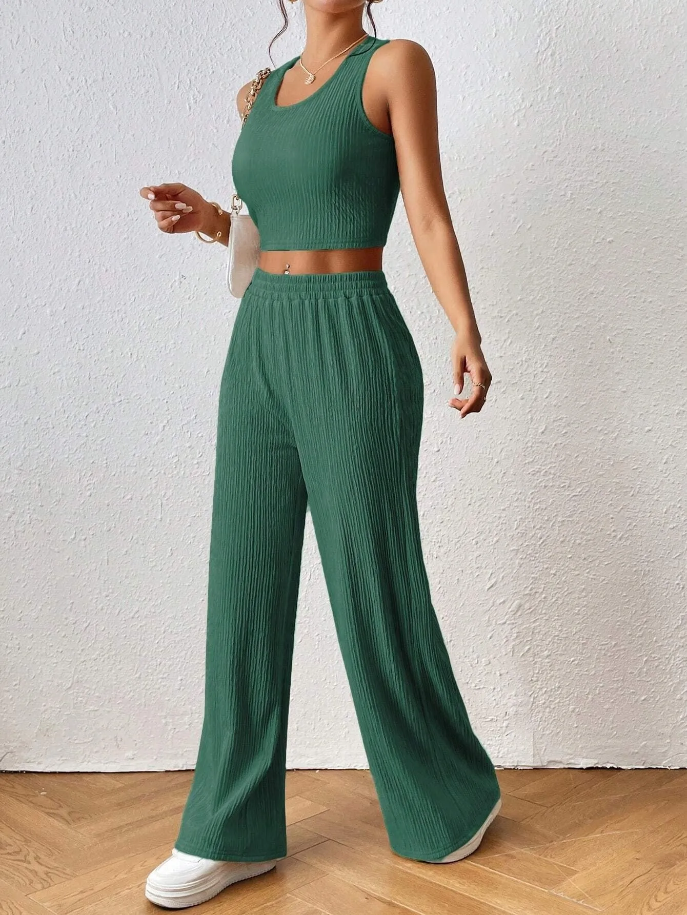 Frenchy Solid Tank Top & Wide Leg Pant Two Pieces Set