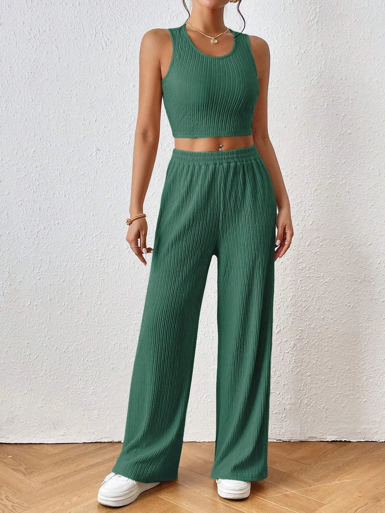 Frenchy Solid Tank Top & Wide Leg Pant Two Pieces Set