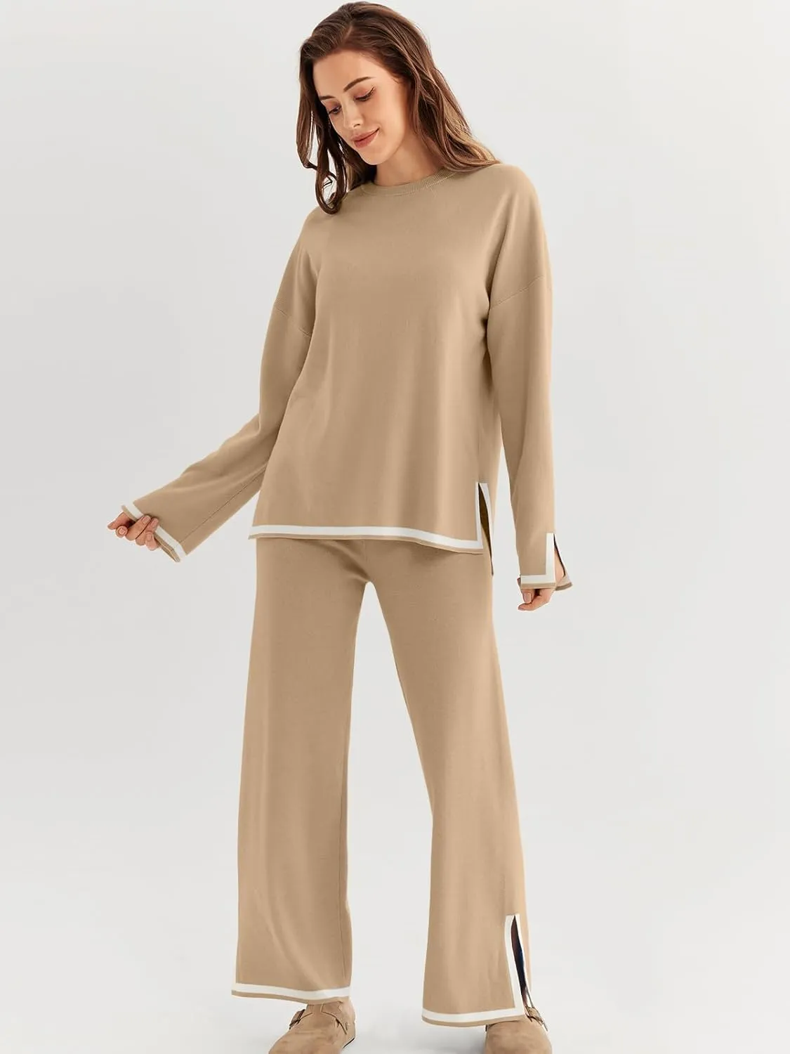 LILLUSORY Women Fall 2 Piece Lounge Set Outfits Sweatsuits Long Sleeve Sweater Tops Wide Leg Pants