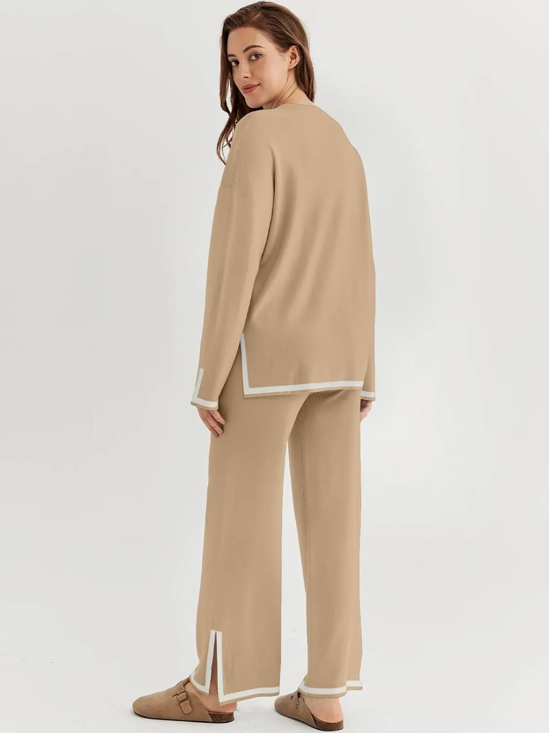 LILLUSORY Women Fall 2 Piece Lounge Set Outfits Sweatsuits Long Sleeve Sweater Tops Wide Leg Pants