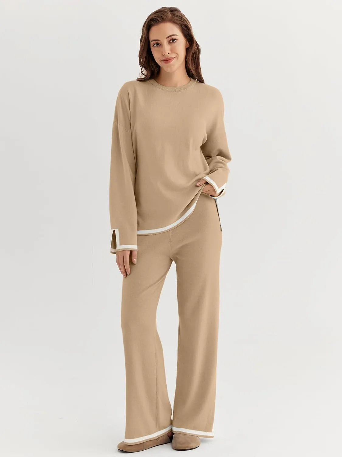 LILLUSORY Women Fall 2 Piece Lounge Set Outfits Sweatsuits Long Sleeve Sweater Tops Wide Leg Pants