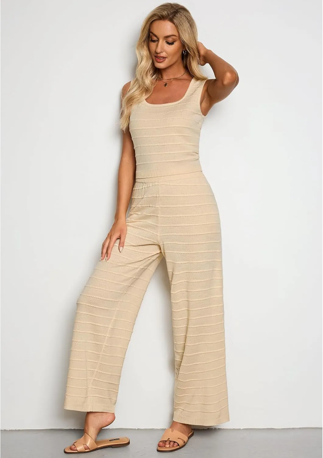 luvamia Knitted 2 Piece Sets for Women Summer Ribbed Tank Top with High Waisted Wide Leg Ankle Crop Pants Sets Vacation
