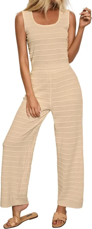 luvamia Knitted 2 Piece Sets for Women Summer Ribbed Tank Top with High Waisted Wide Leg Ankle Crop Pants Sets Vacation