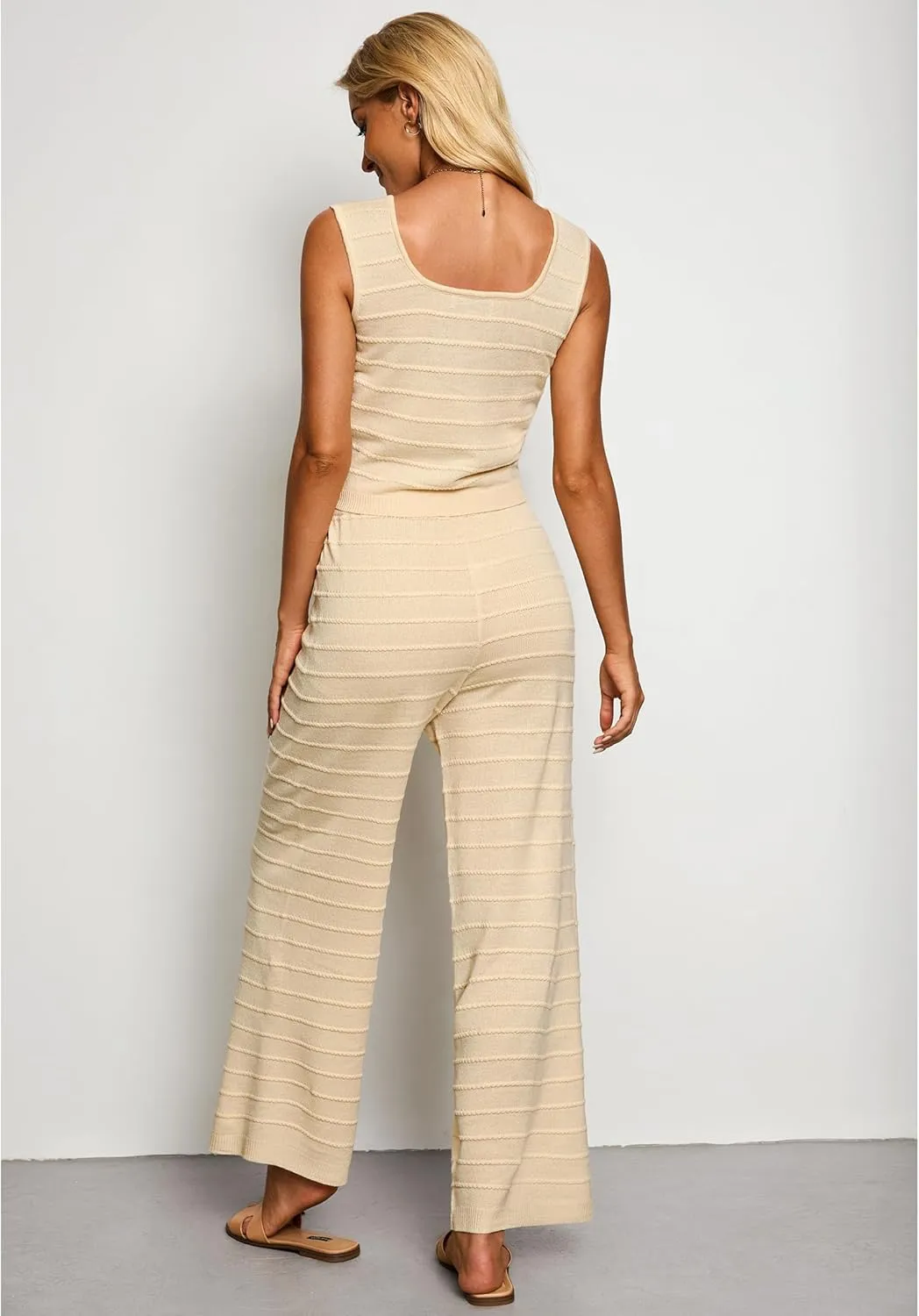 luvamia Knitted 2 Piece Sets for Women Summer Ribbed Tank Top with High Waisted Wide Leg Ankle Crop Pants Sets Vacation