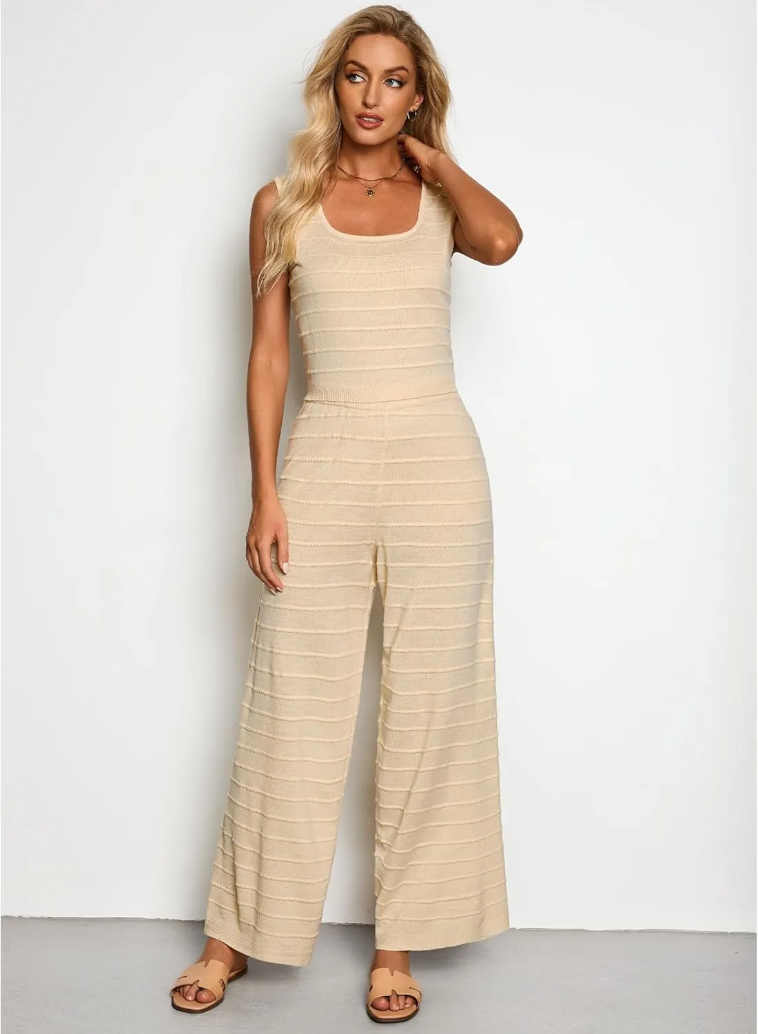 luvamia Knitted 2 Piece Sets for Women Summer Ribbed Tank Top with High Waisted Wide Leg Ankle Crop Pants Sets Vacation