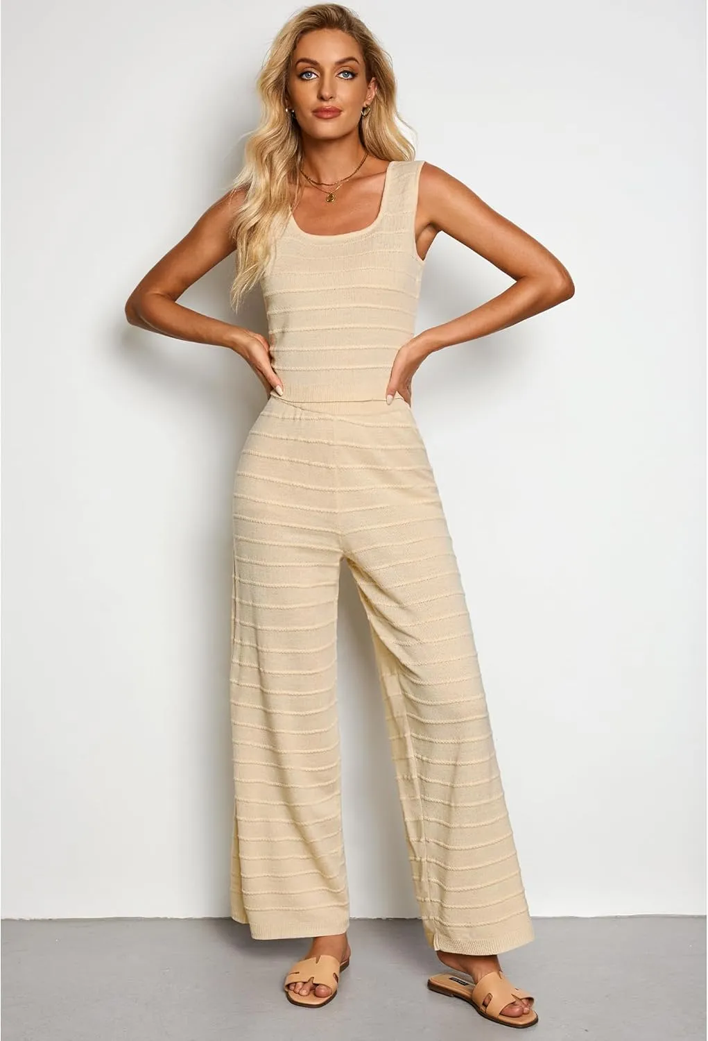 luvamia Knitted 2 Piece Sets for Women Summer Ribbed Tank Top with High Waisted Wide Leg Ankle Crop Pants Sets Vacation