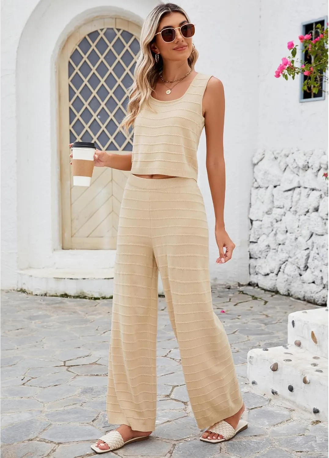 luvamia Knitted 2 Piece Sets for Women Summer Ribbed Tank Top with High Waisted Wide Leg Ankle Crop Pants Sets Vacation