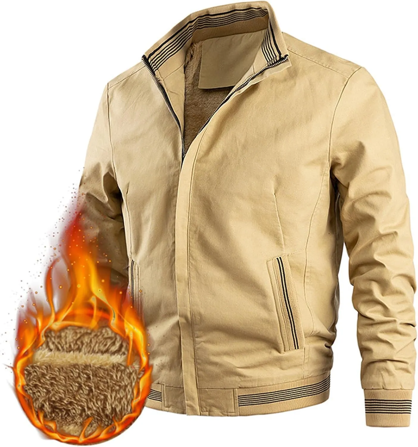 Men Bomber Jacket,Casual Fleece Lined Jacket Men Fall Winter Warm Full Zip Lightweight Jacket Outwear with Pockets
