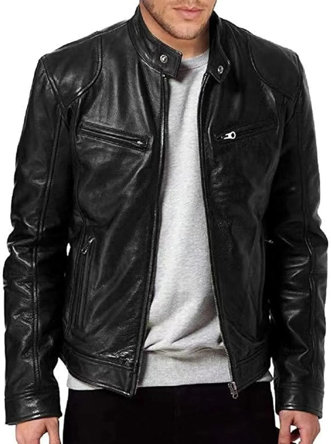 Men Slim Fit Motorcyle Leather Jacket Zip-Up Windbreaker Leather Jackets Lightweight PU Vintage Biker Coat