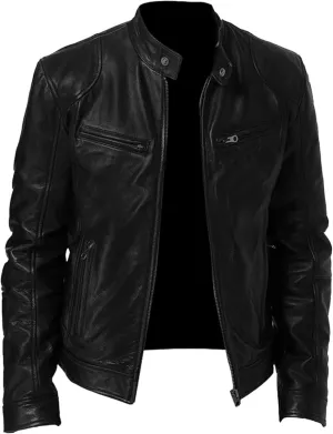 Men Slim Fit Motorcyle Leather Jacket Zip-Up Windbreaker Leather Jackets Lightweight PU Vintage Biker Coat