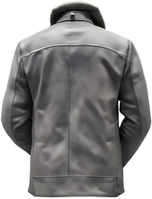 Men's Grey Leather Jacket with Shearling Collar - Premium Genuine Sheepskin Military Style Winter Coat