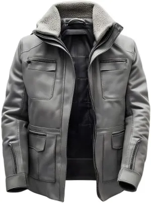 Men's Grey Leather Jacket with Shearling Collar - Premium Genuine Sheepskin Military Style Winter Coat