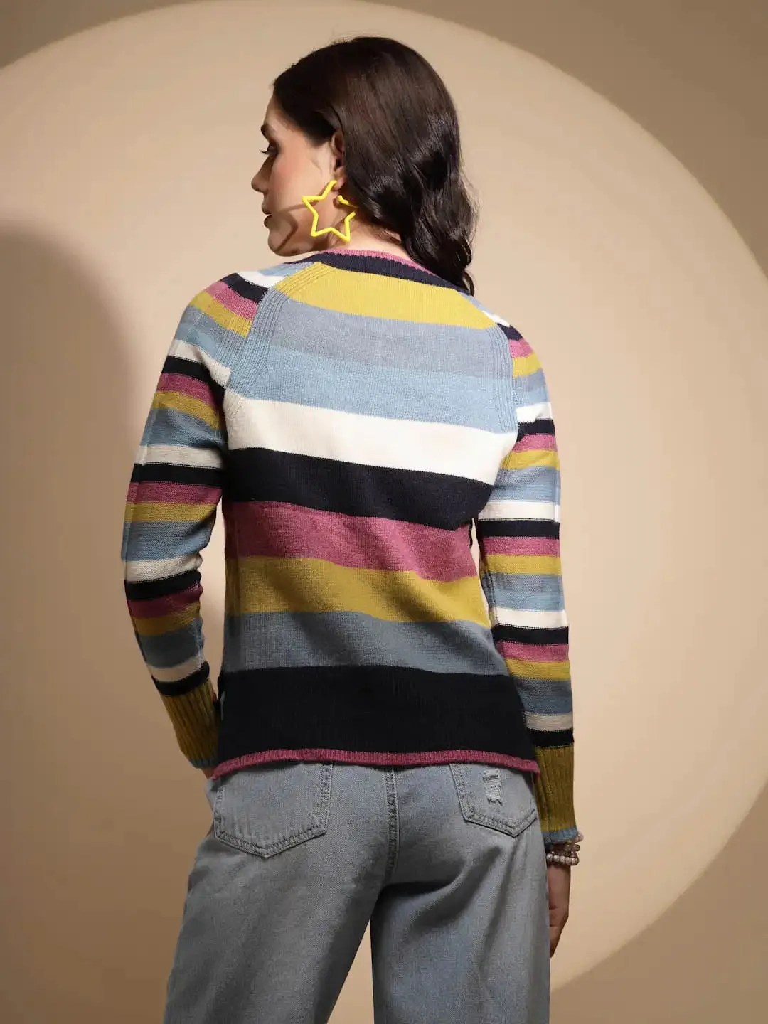 Multicolor Striped Full Sleeve Knitted Casual Pullover