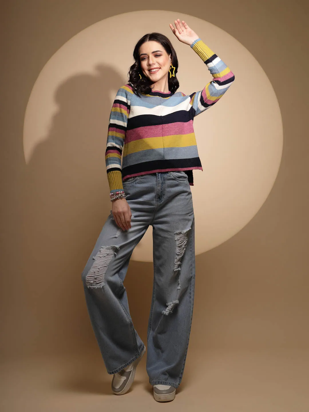 Multicolor Striped Full Sleeve Knitted Casual Pullover