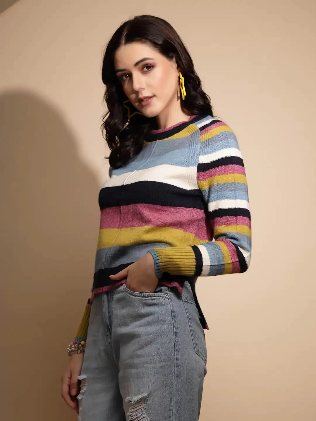 Multicolor Striped Full Sleeve Knitted Casual Pullover