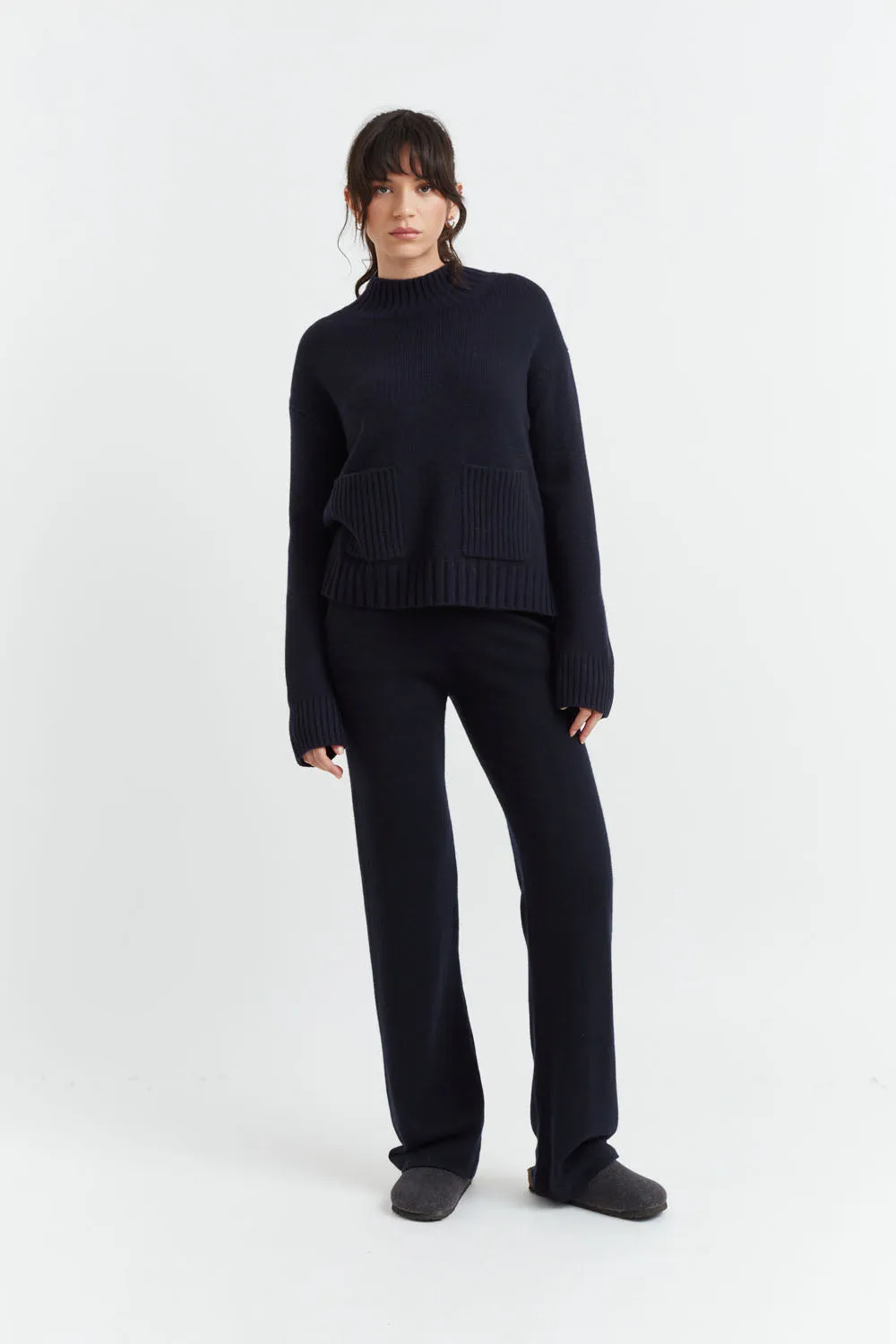 Navy Cashmere Wide-Leg Pants