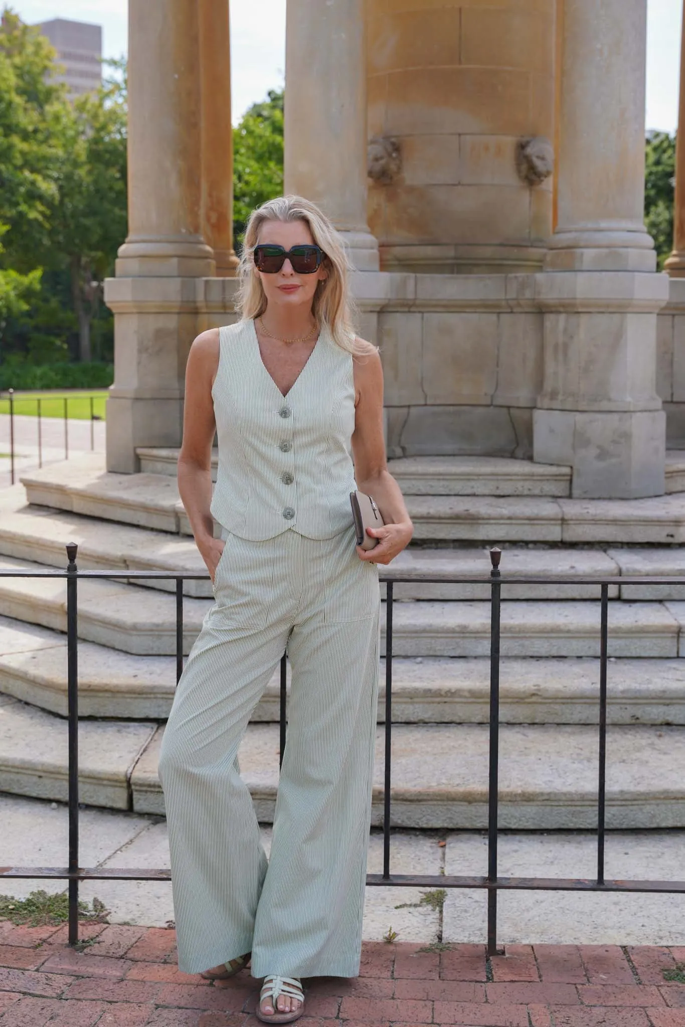 Olive Stripe Flare Leg Pants