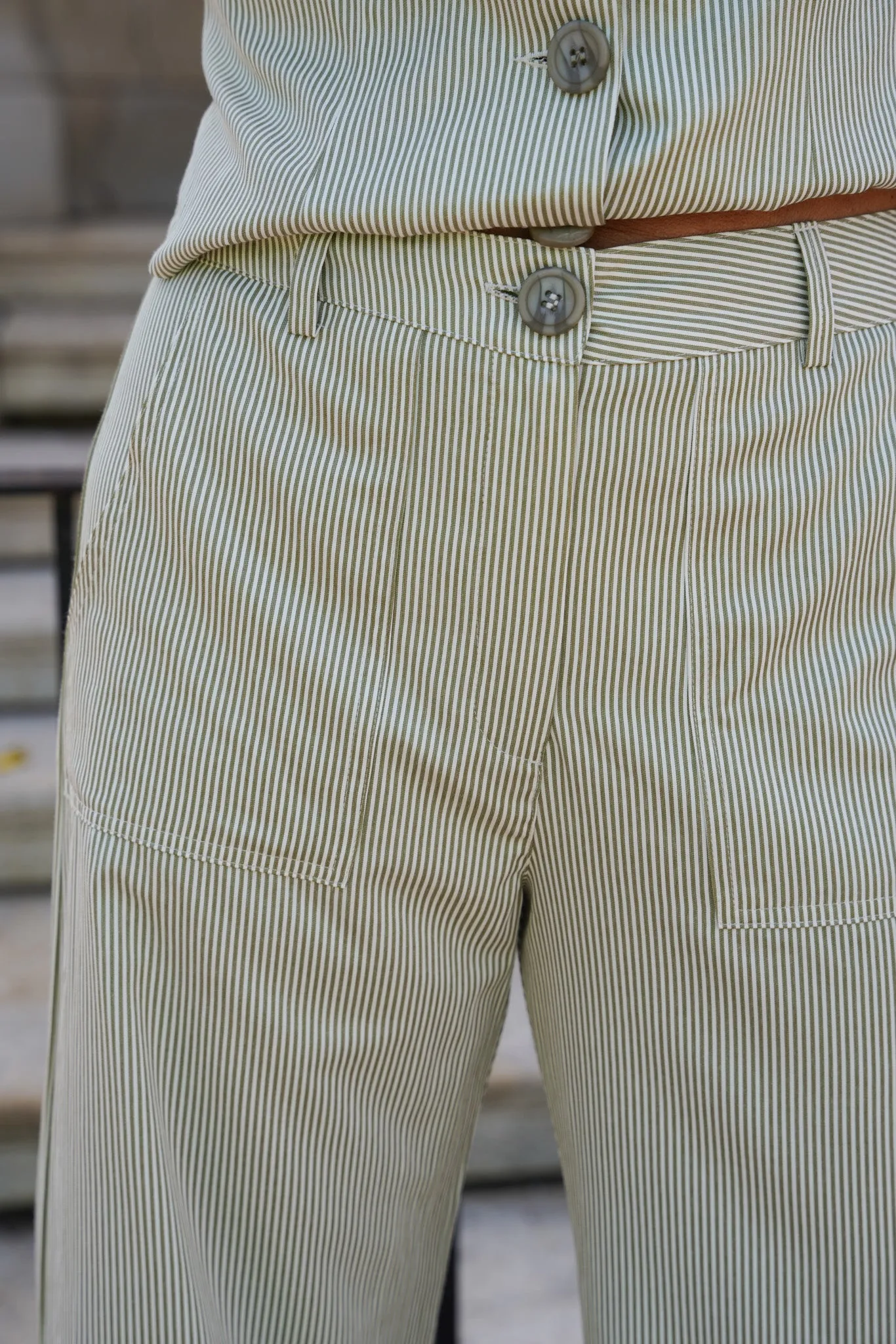 Olive Stripe Flare Leg Pants