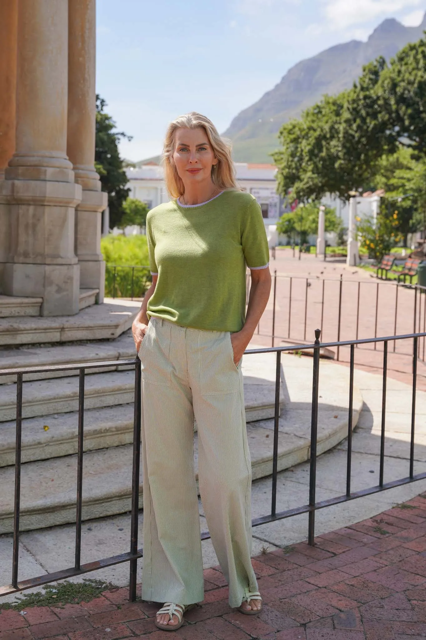 Olive Stripe Flare Leg Pants