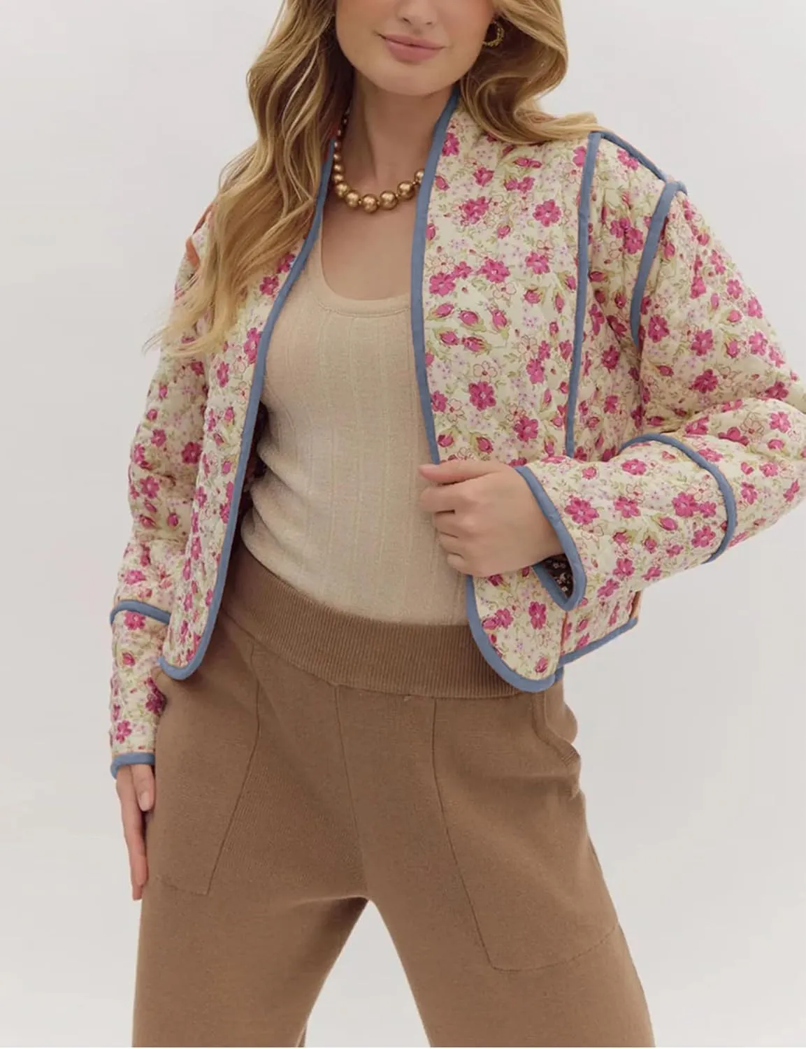 Omoone Women's Cropped Floral Quilted Jacket Cardigan Printed Lightweight Open Front Padded Puffer Coat