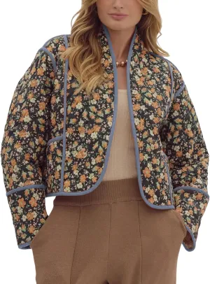 Omoone Women's Cropped Floral Quilted Jacket Cardigan Printed Lightweight Open Front Padded Puffer Coat