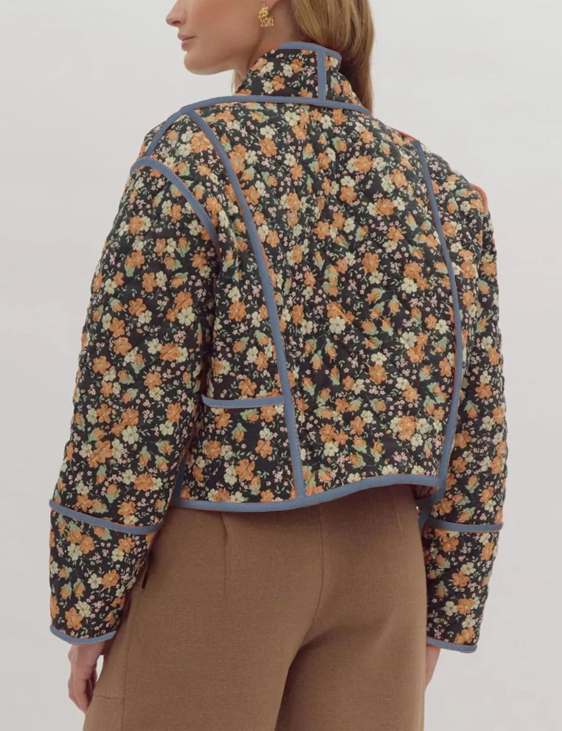 Omoone Women's Cropped Floral Quilted Jacket Cardigan Printed Lightweight Open Front Padded Puffer Coat