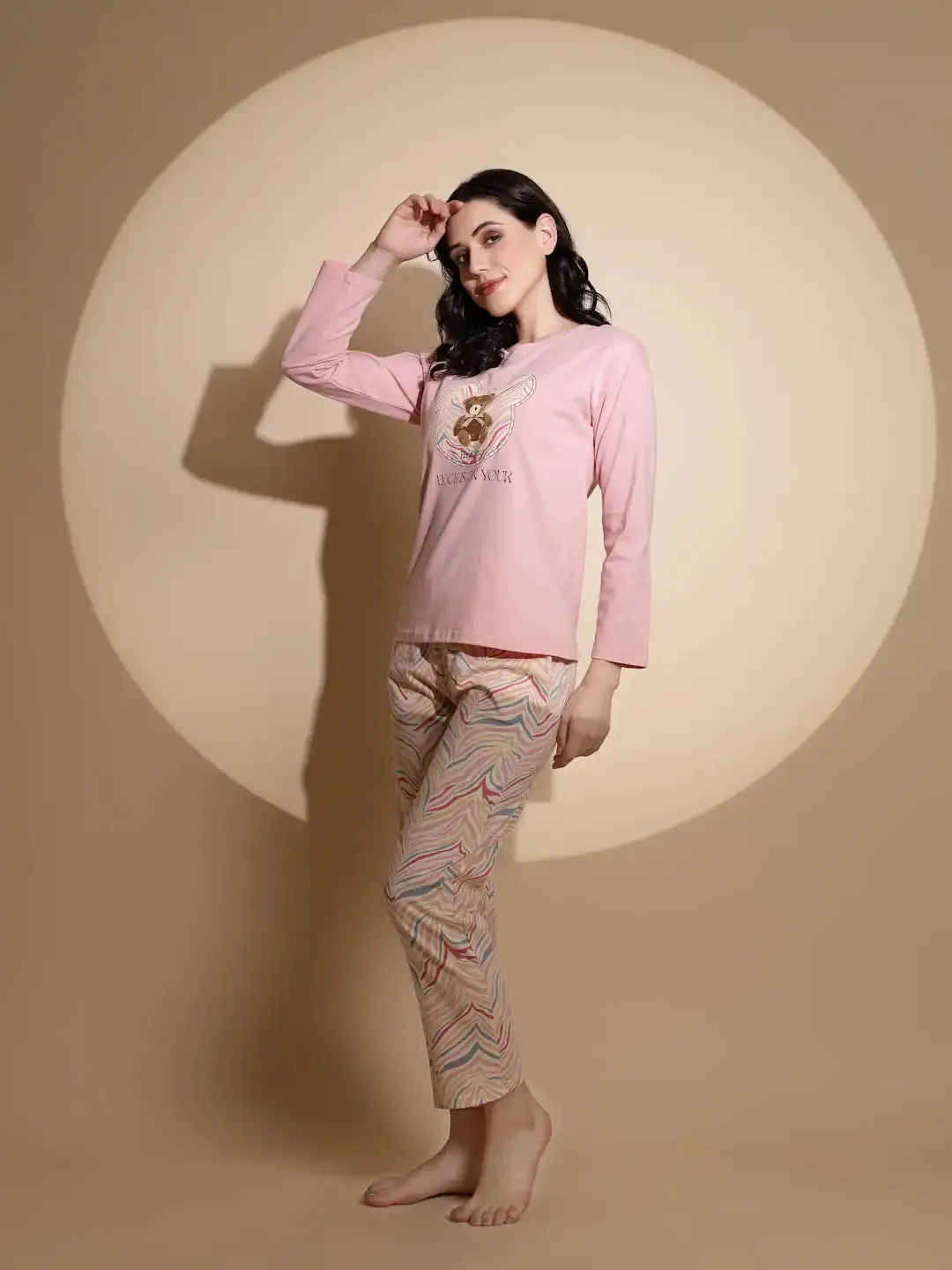 Pink Hosiery Round Neck Printed Top & Pyjama Night Suit Set