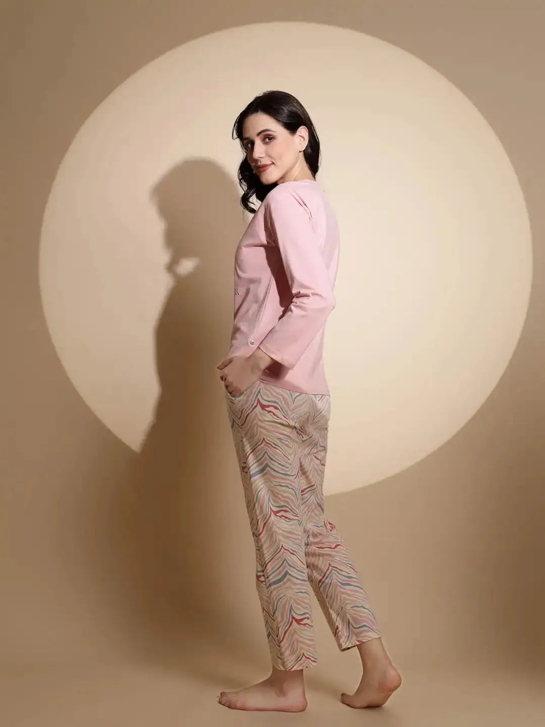 Pink Hosiery Round Neck Printed Top & Pyjama Night Suit Set