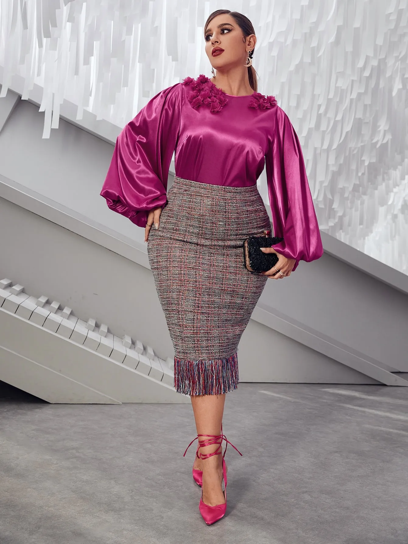 Plaid Fringe Midi Plus Size Skirt