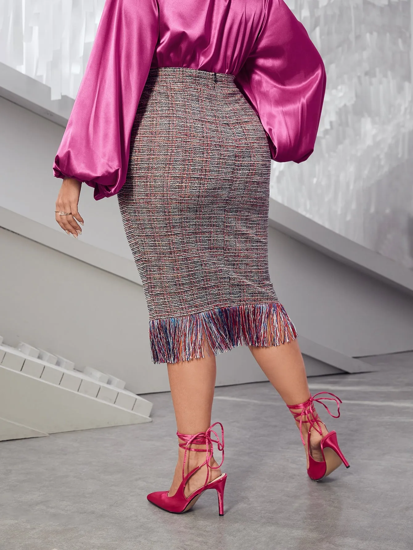 Plaid Fringe Midi Plus Size Skirt
