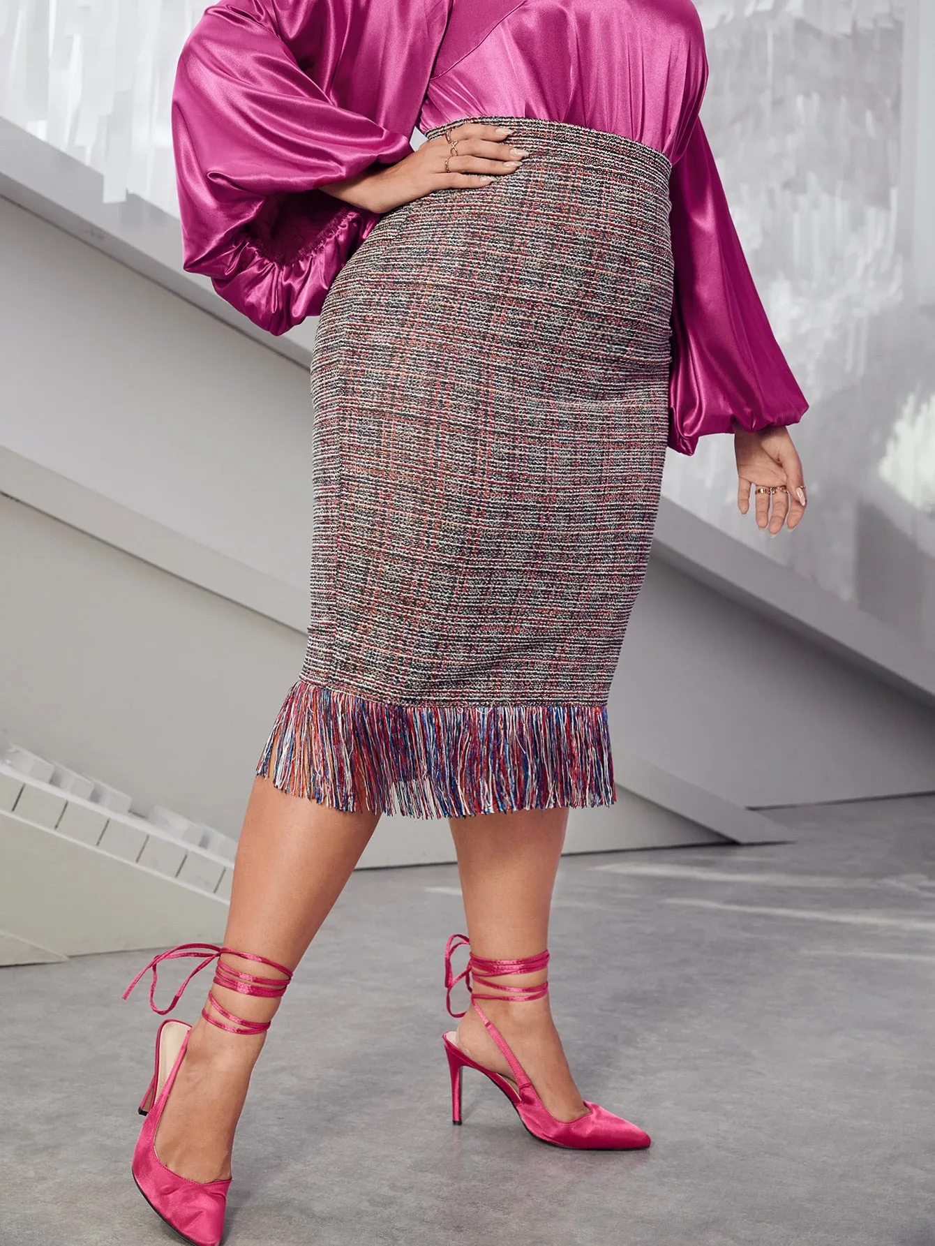 Plaid Fringe Midi Plus Size Skirt