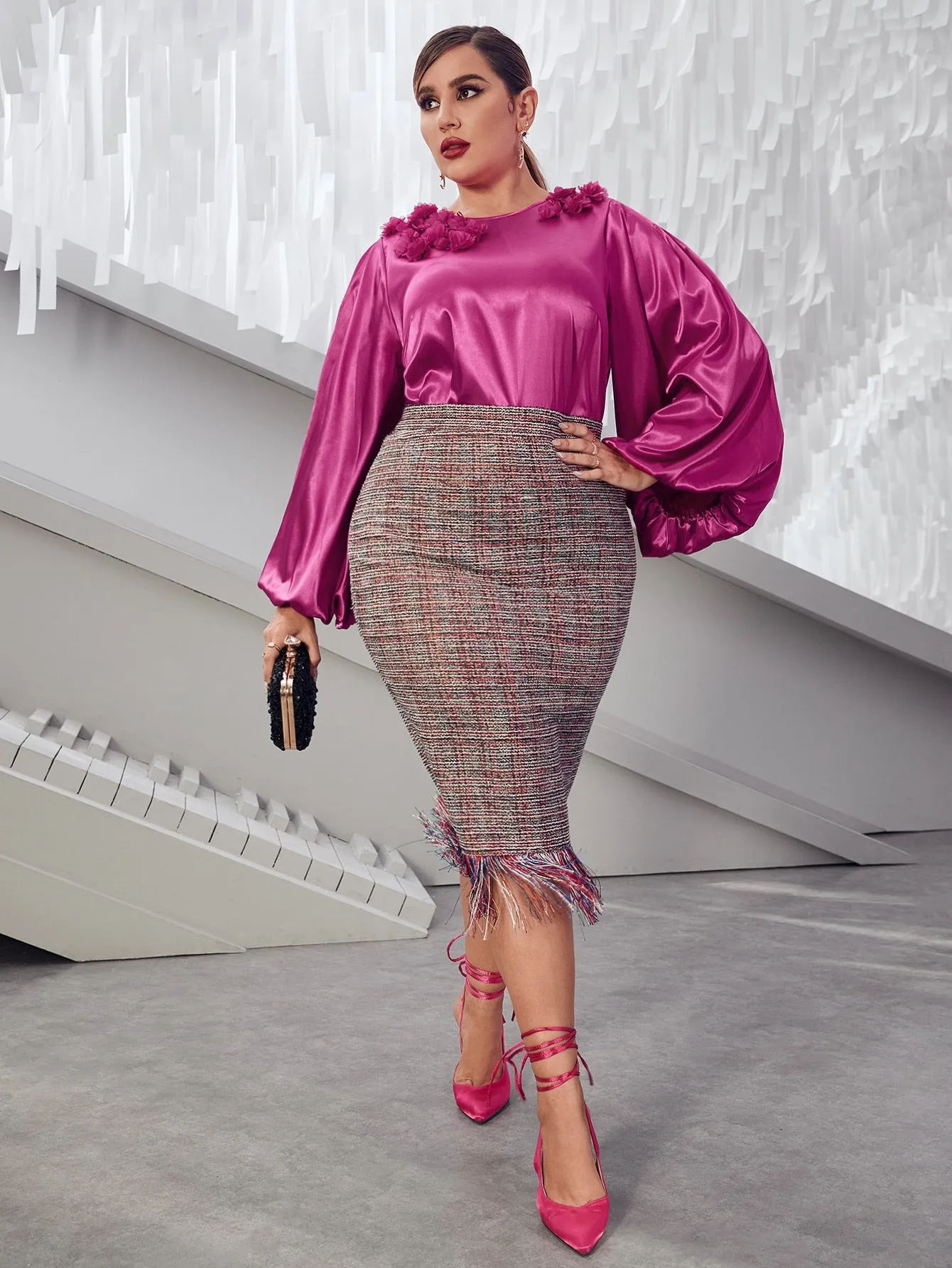 Plaid Fringe Midi Plus Size Skirt