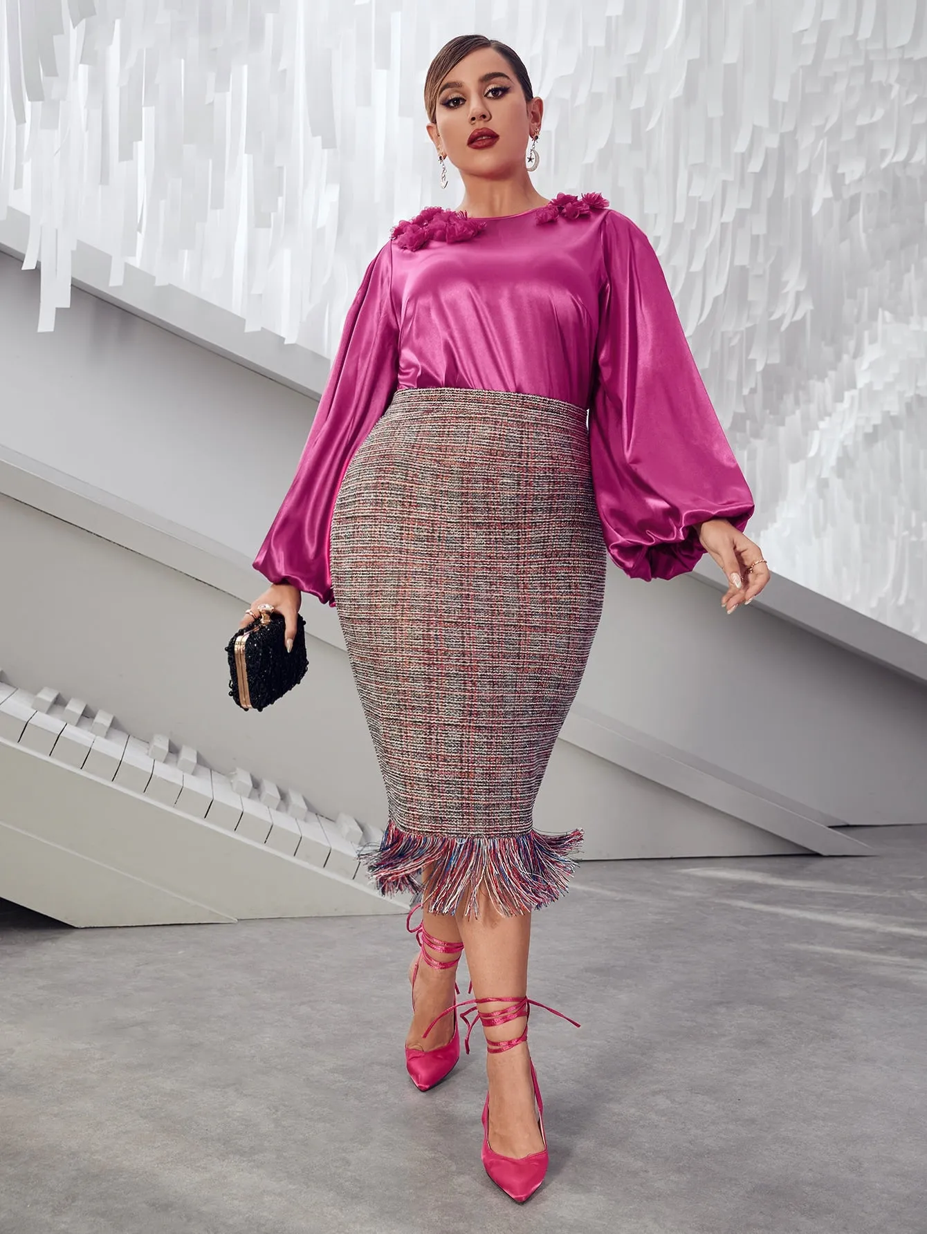 Plaid Fringe Midi Plus Size Skirt