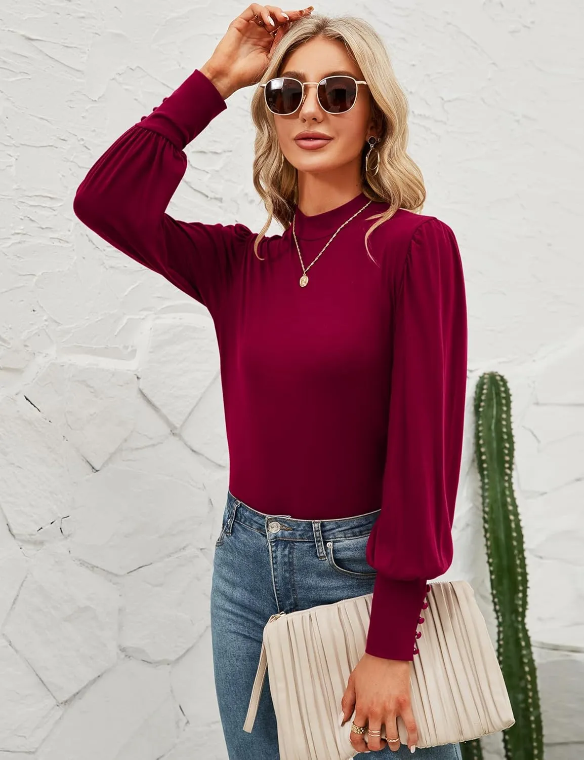 Qirno Womens Mock Neck Puff Sleeve Shirts Casual Loose Basic T Shirt Button Cuffs Pullovers Tops