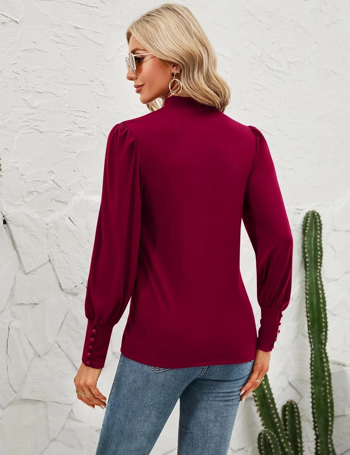 Qirno Womens Mock Neck Puff Sleeve Shirts Casual Loose Basic T Shirt Button Cuffs Pullovers Tops