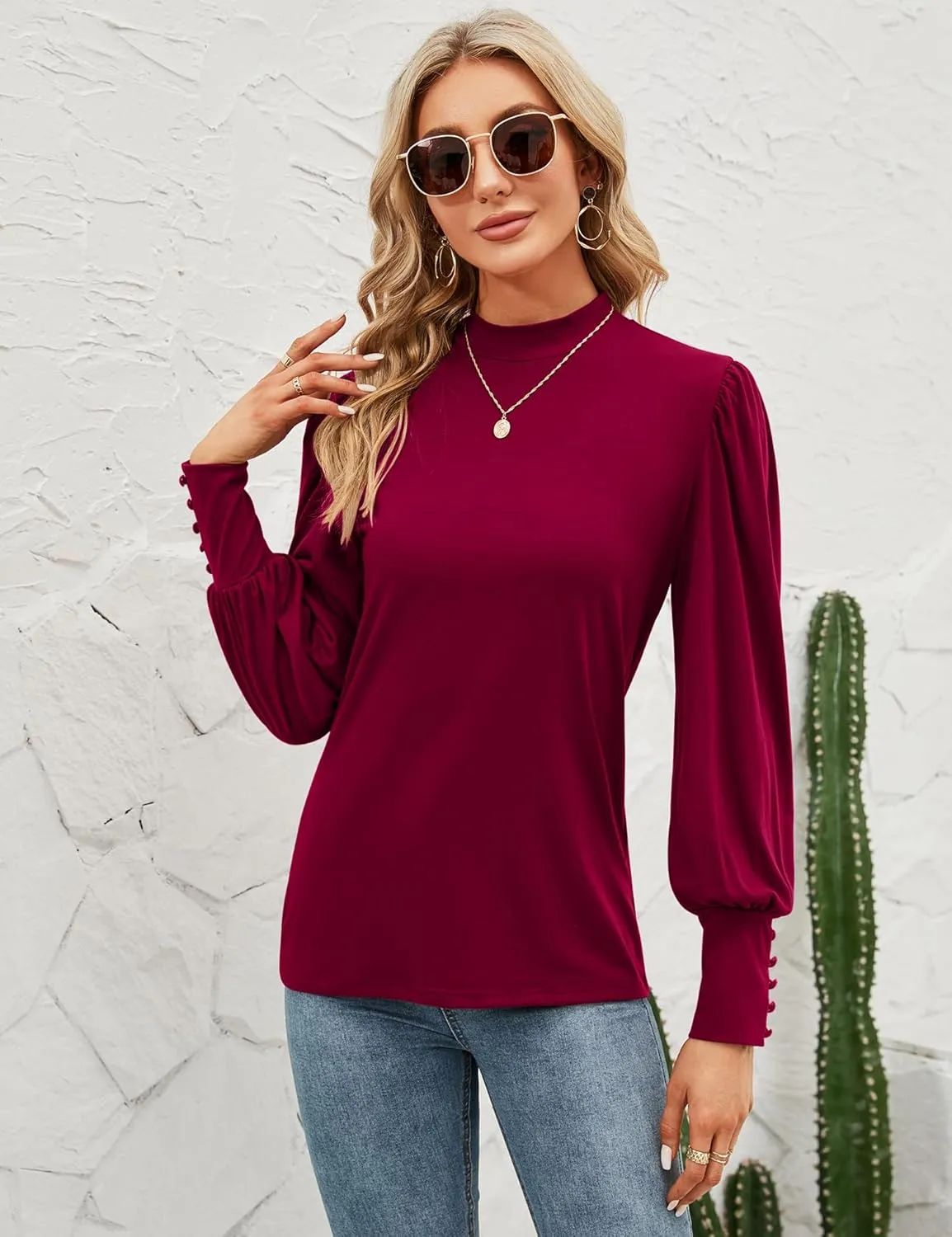 Qirno Womens Mock Neck Puff Sleeve Shirts Casual Loose Basic T Shirt Button Cuffs Pullovers Tops