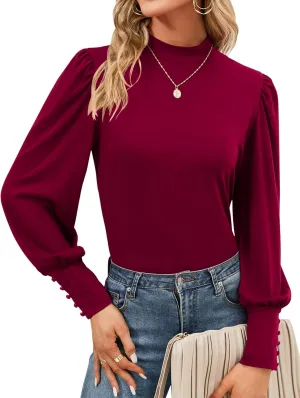Qirno Womens Mock Neck Puff Sleeve Shirts Casual Loose Basic T Shirt Button Cuffs Pullovers Tops